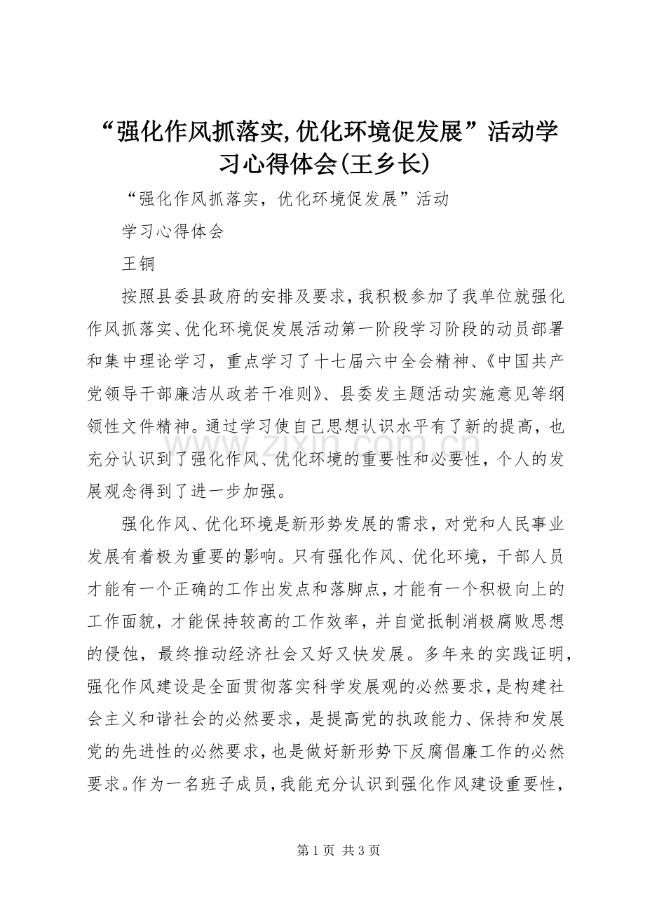 “强化作风抓落实,优化环境促发展”活动学习心得体会(王乡长).docx_第1页