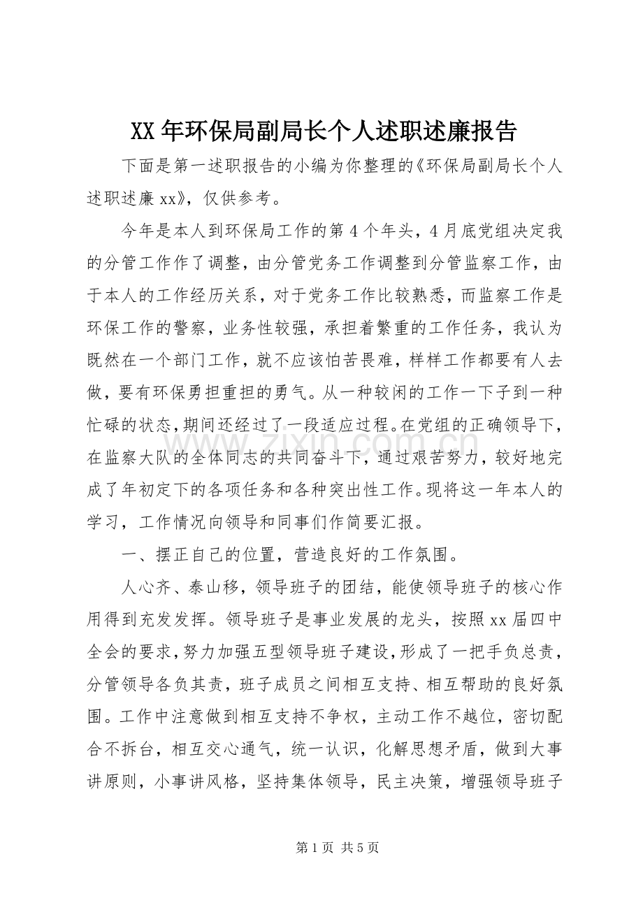 XX年环保局副局长个人述职述廉报告.docx_第1页