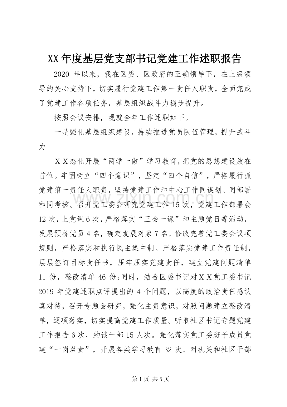 XX年度基层党支部书记党建工作述职报告.docx_第1页