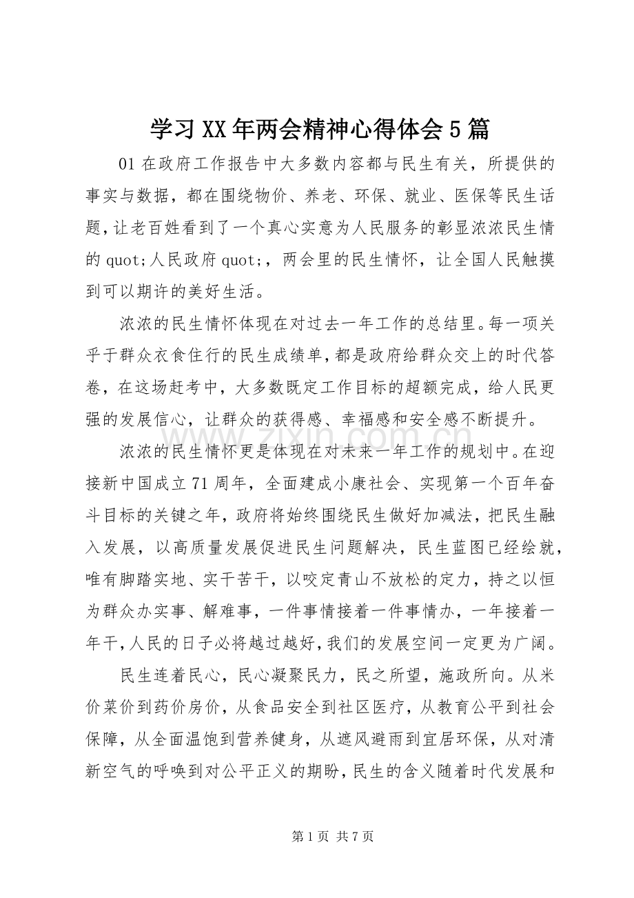 学习XX年两会精神心得体会5篇.docx_第1页