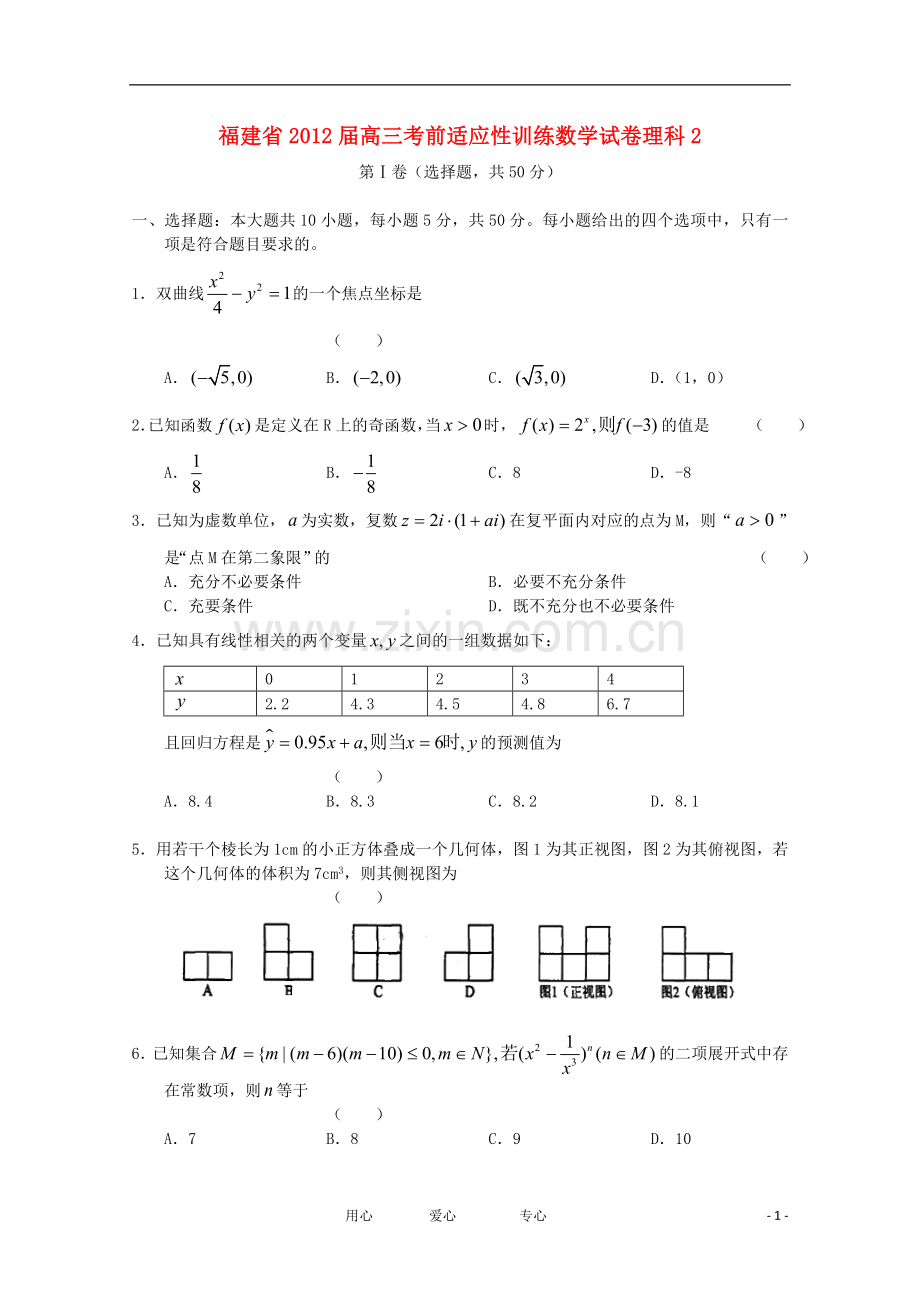 福建省高三数学考前适应性训练试卷2-理.doc_第1页