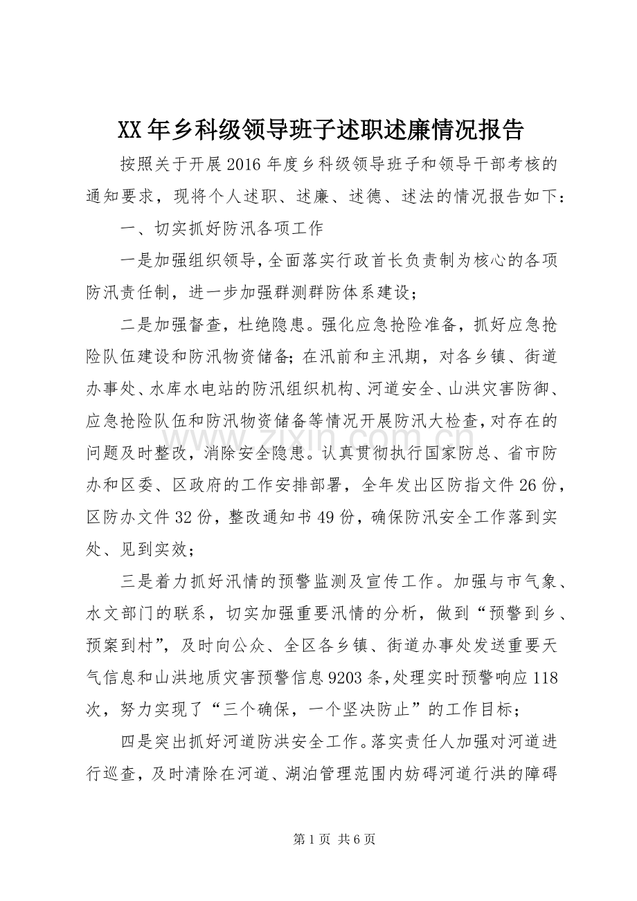 XX年乡科级领导班子述职述廉情况报告.docx_第1页