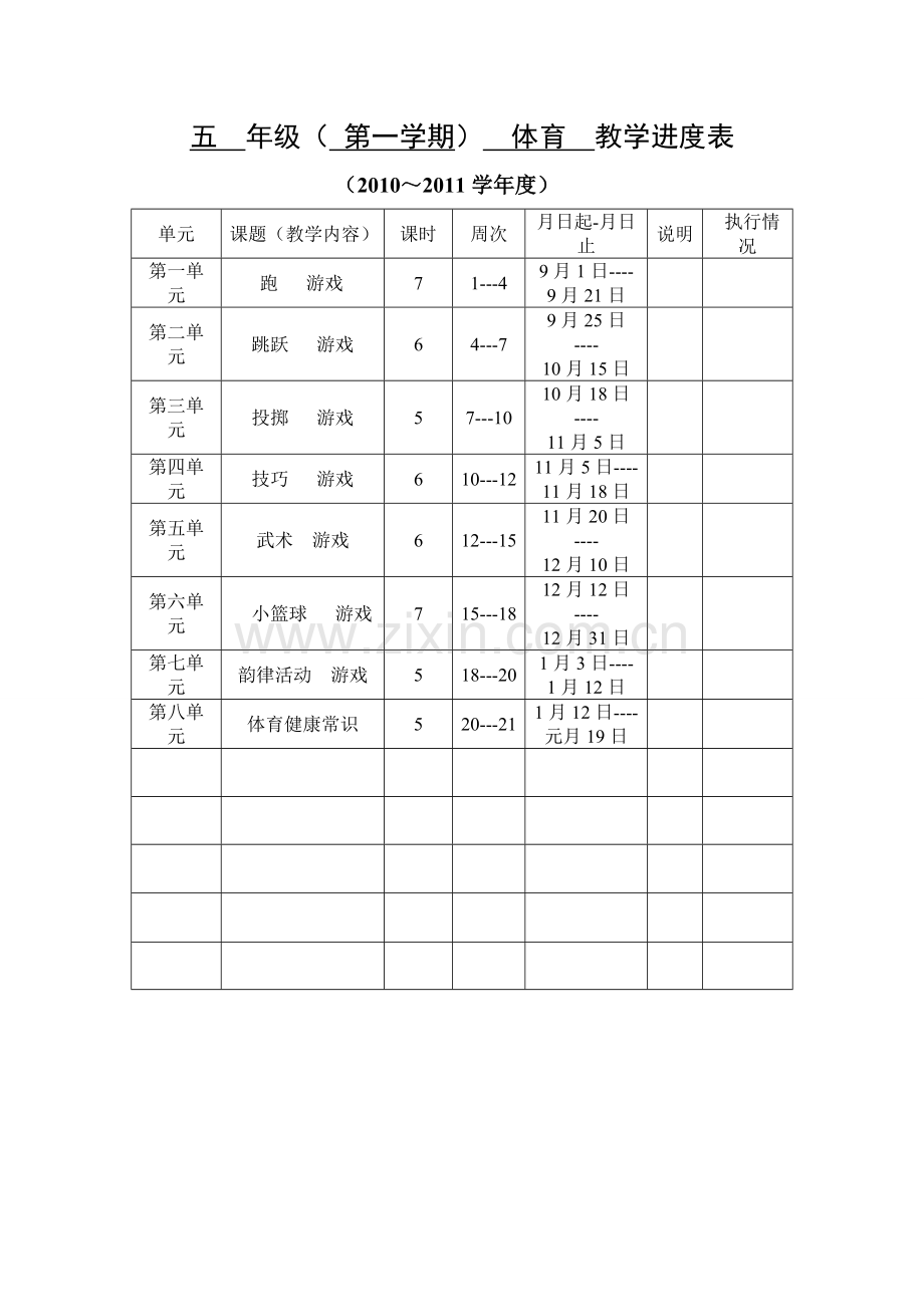 五年级上学期体育集体备课进度及第一单元单元计划1.doc_第1页