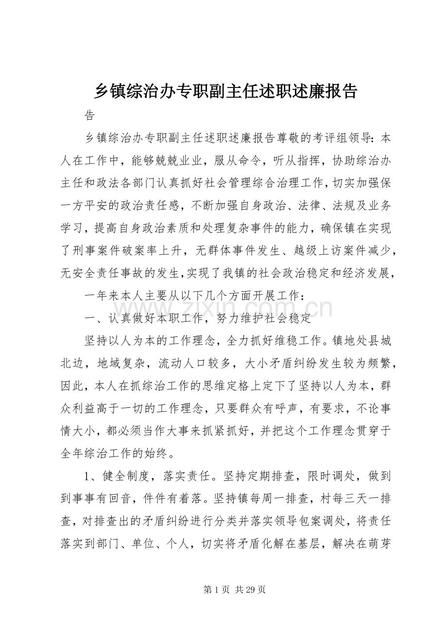 乡镇综治办专职副主任述职述廉报告.docx_第1页