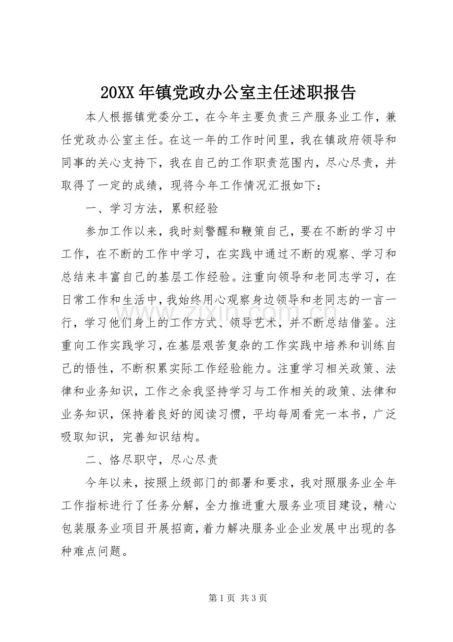 20XX年镇党政办公室主任述职报告.docx_第1页