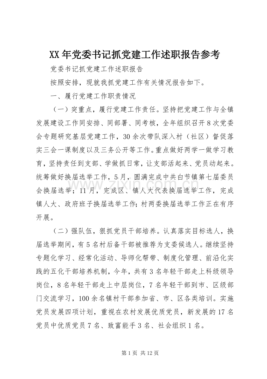 XX年党委书记抓党建工作述职报告参考.docx_第1页