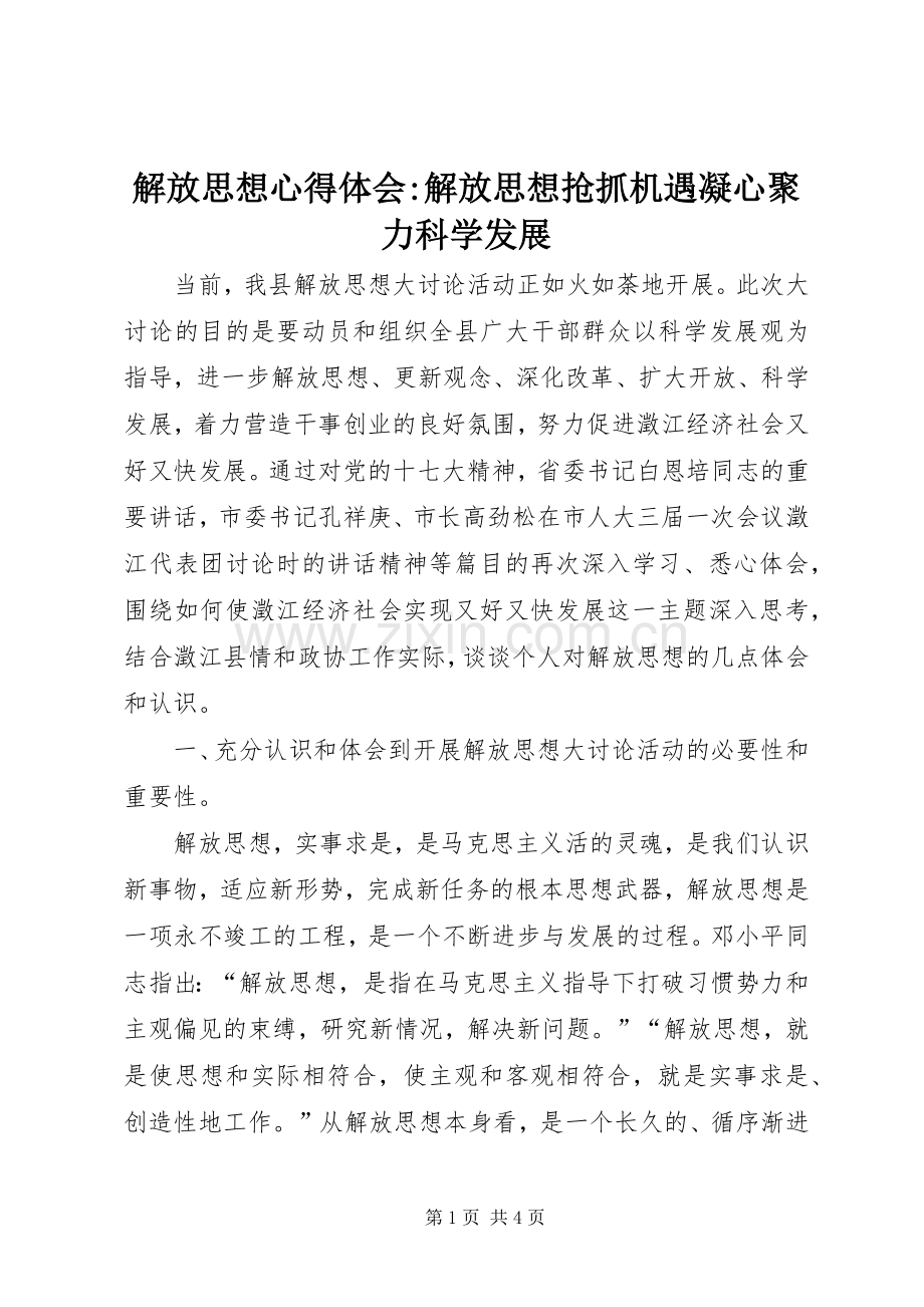 解放思想心得体会-解放思想抢抓机遇凝心聚力科学发展.docx_第1页