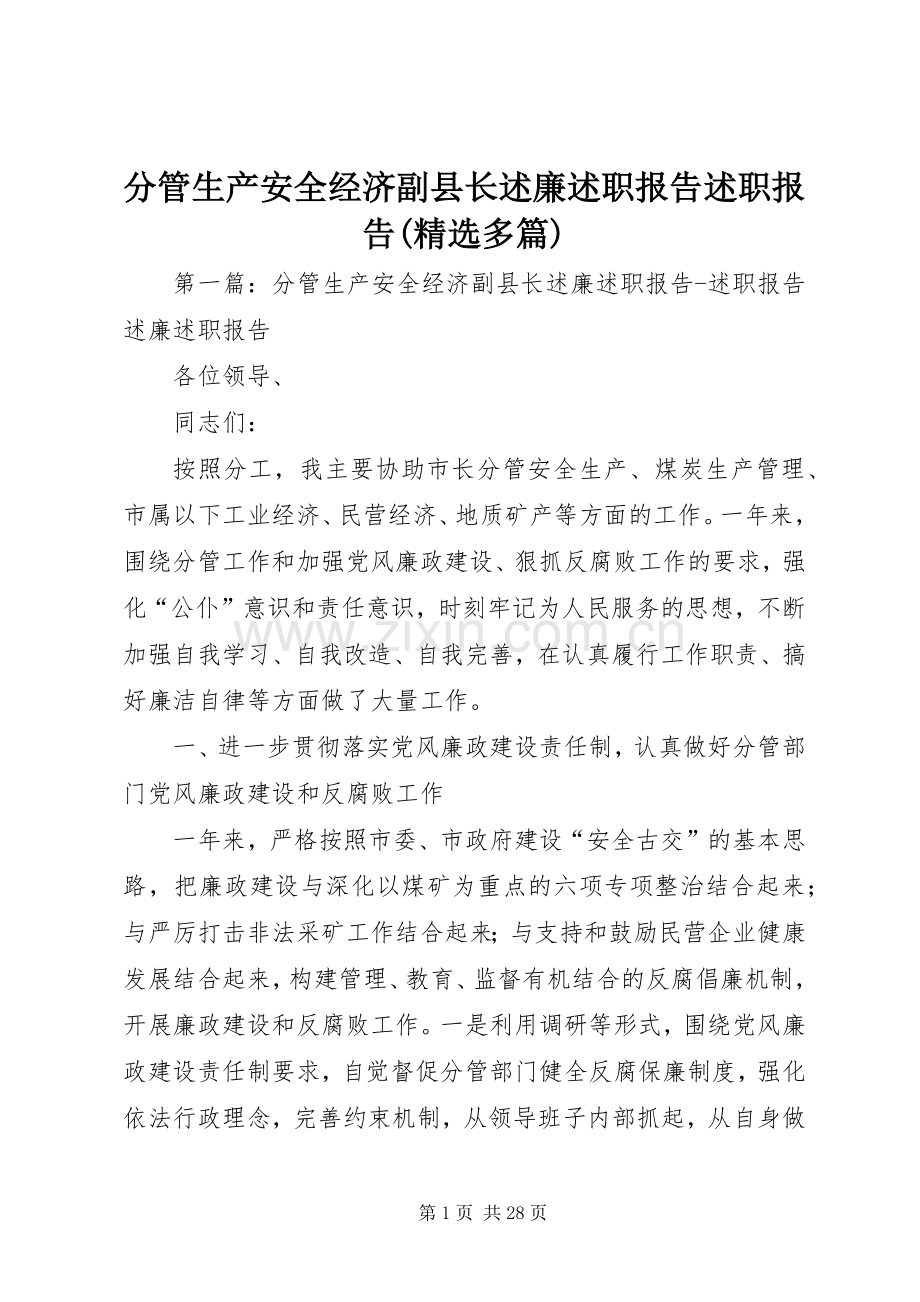 分管生产安全经济副县长述廉述职报告述职报告(多篇).docx_第1页