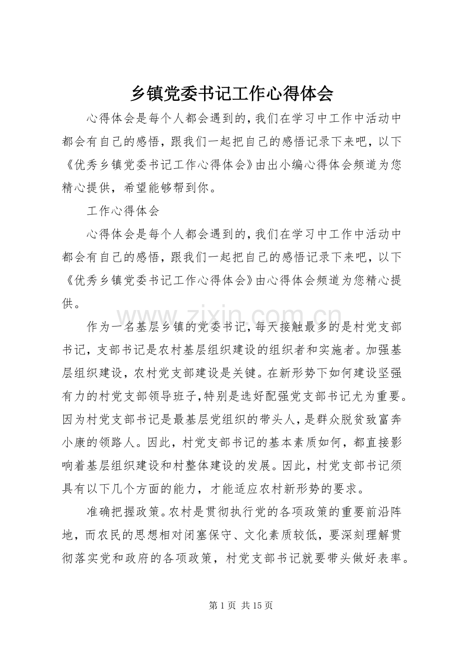 乡镇党委书记工作心得体会.docx_第1页