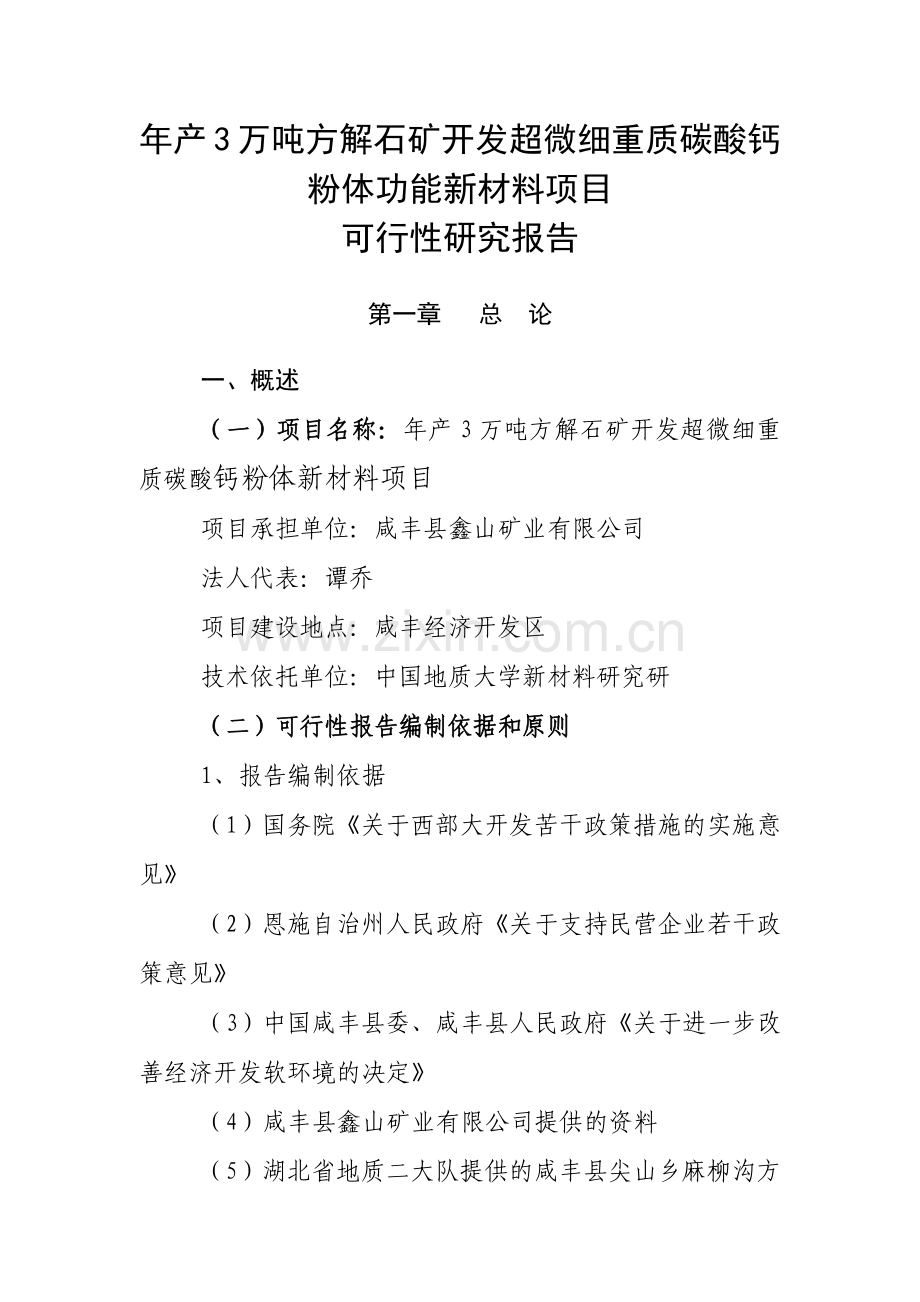 年产3万吨方解石矿开发超微细重质碳酸钙粉体功能新材料可究报告.docx_第1页