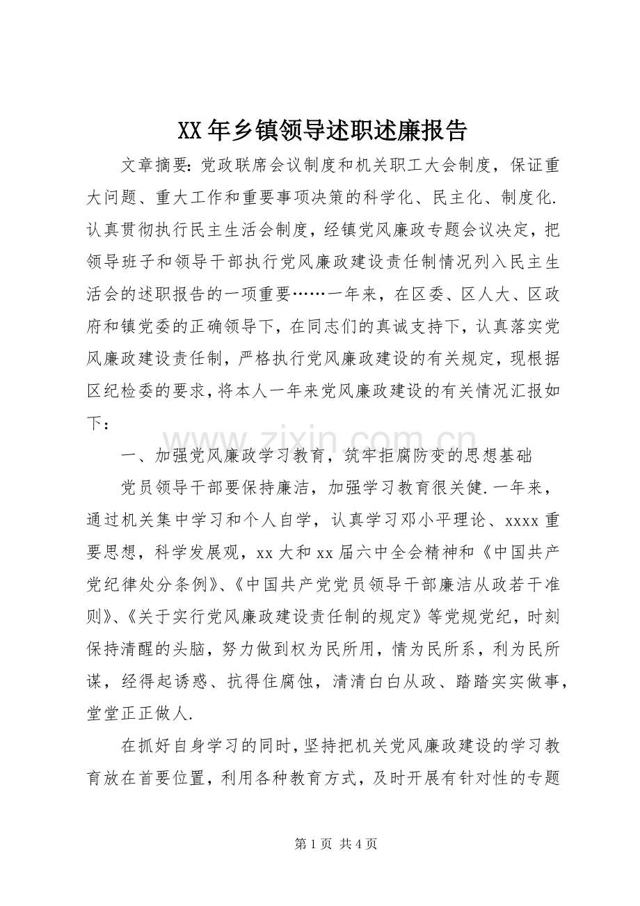 XX年乡镇领导述职述廉报告.docx_第1页