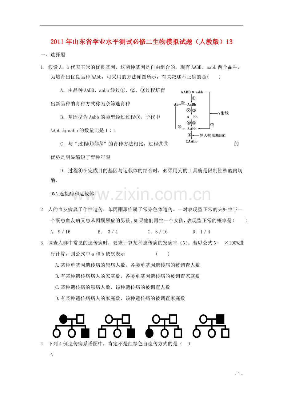 山东省2011年高中生物学业水平测试模拟试题13-新人教版必修2.doc_第1页