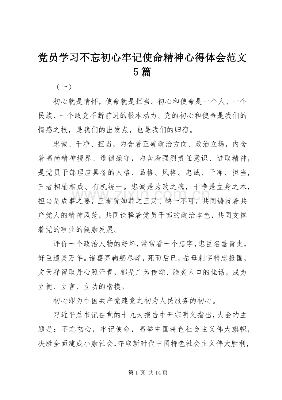 党员学习不忘初心牢记使命精神心得体会范文5篇.docx_第1页