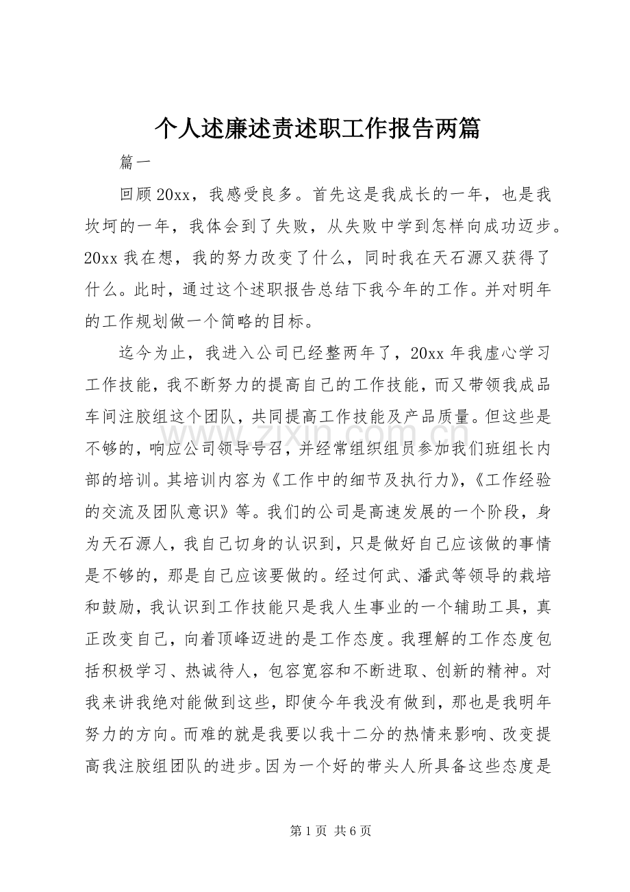 个人述廉述责述职工作报告两篇.docx_第1页