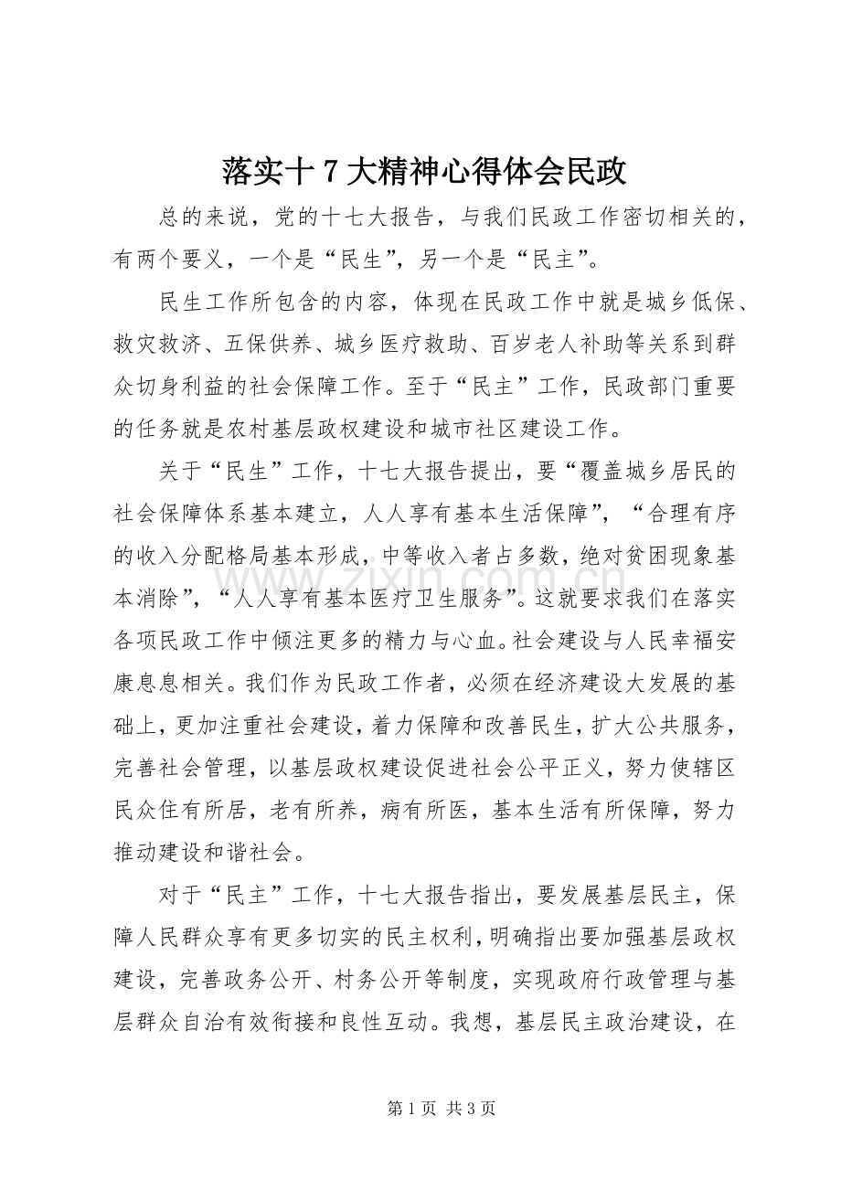 落实十7大精神心得体会民政.docx_第1页