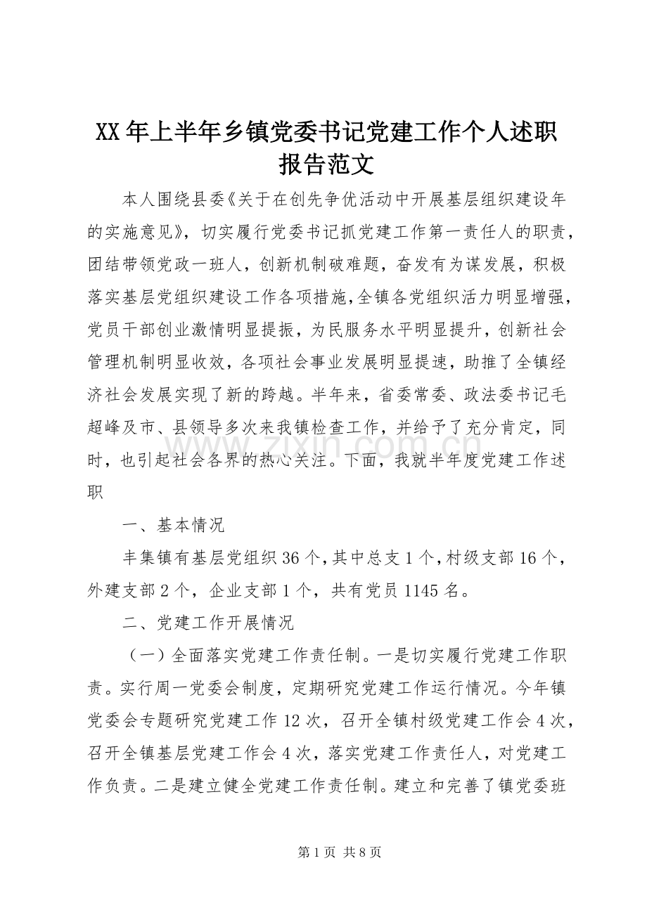 XX年上半年乡镇党委书记党建工作个人述职报告范文.docx_第1页