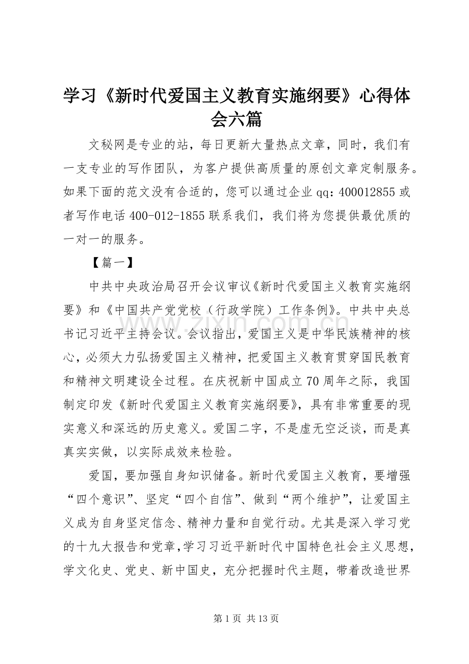 学习《新时代爱国主义教育实施纲要》心得体会六篇.docx_第1页