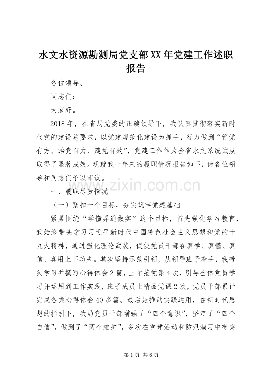 水文水资源勘测局党支部XX年党建工作述职报告.docx_第1页