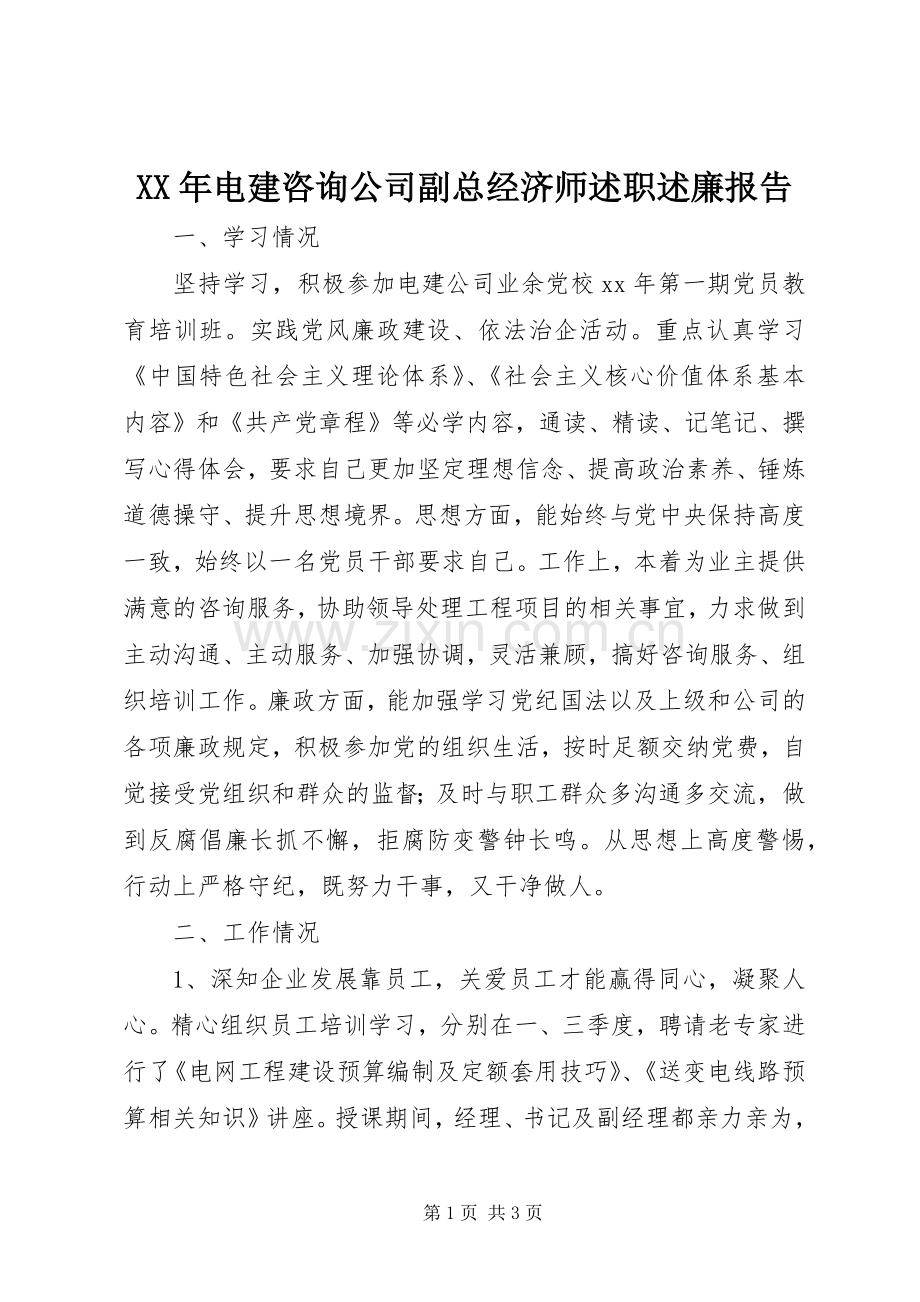 XX年电建咨询公司副总经济师述职述廉报告.docx_第1页