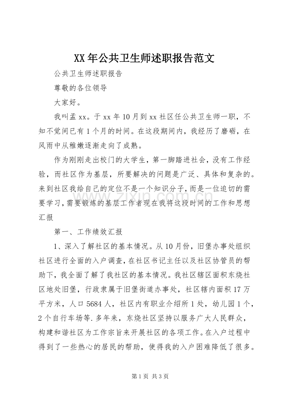 XX年公共卫生师述职报告范文.docx_第1页