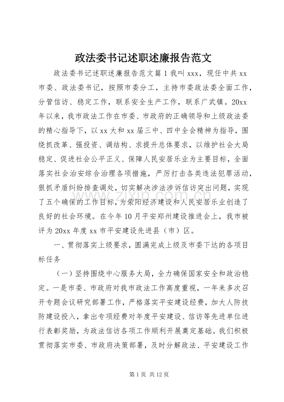 政法委书记述职述廉报告范文.docx_第1页