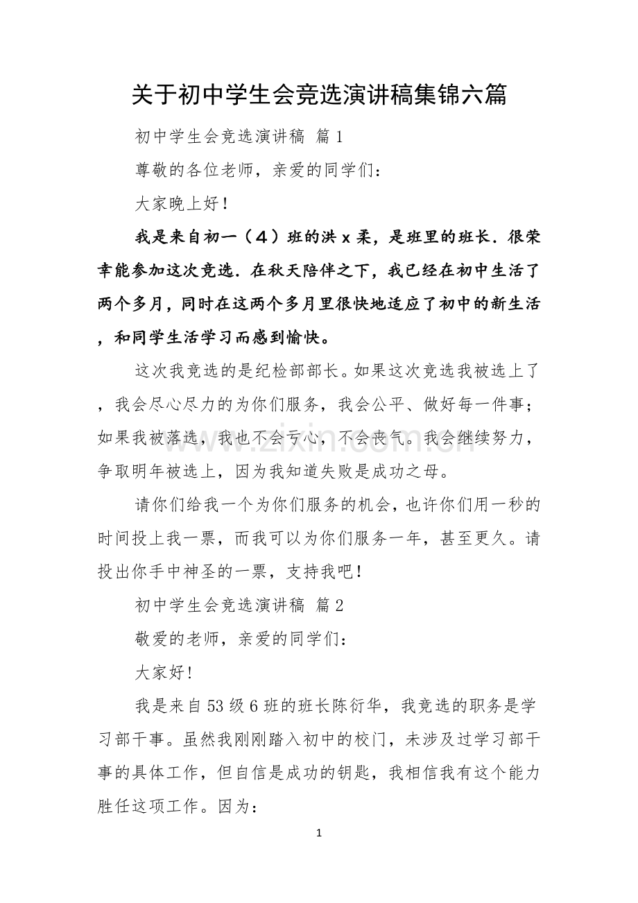 关于初中学生会竞选演讲稿集锦六篇.docx_第1页