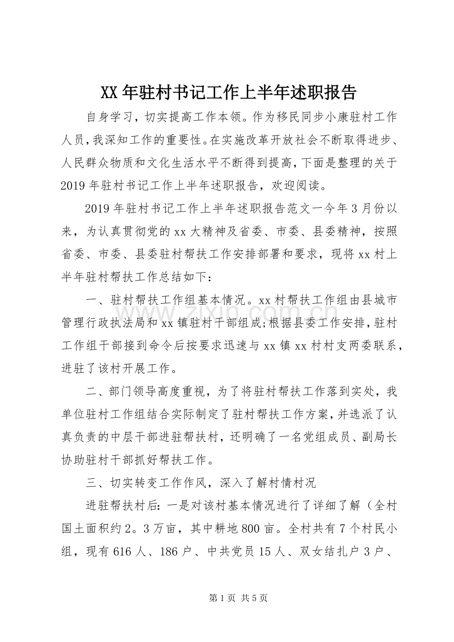 XX年驻村书记工作上半年述职报告.docx_第1页