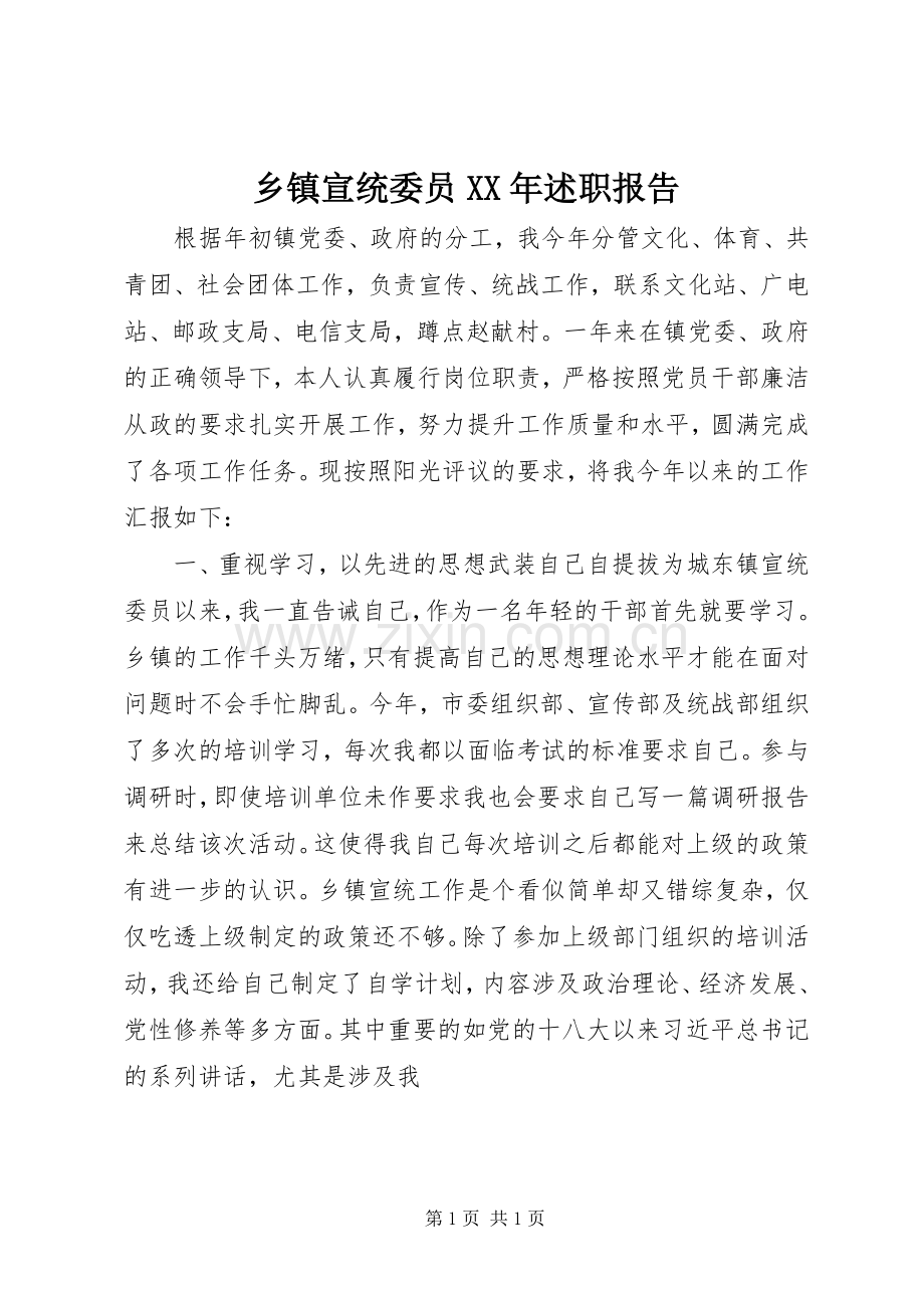 乡镇宣统委员XX年述职报告.docx_第1页