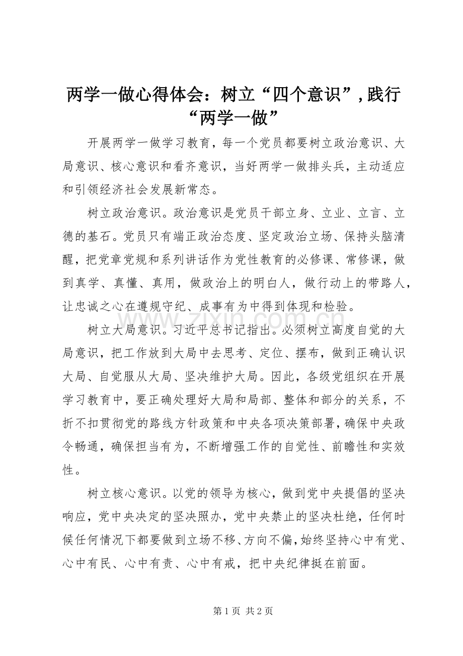 两学一做心得体会：树立“四个意识”,践行“两学一做”.docx_第1页