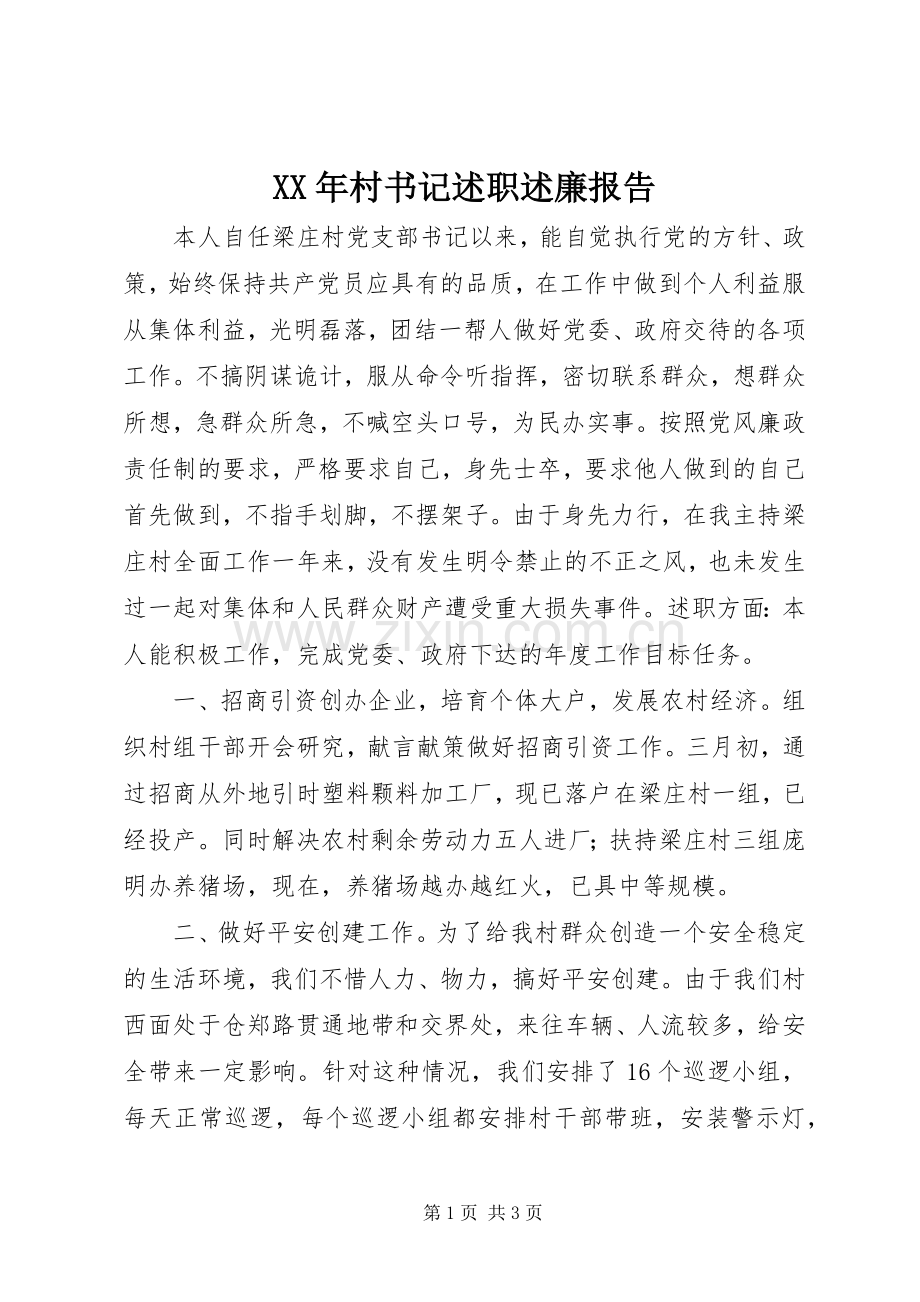 XX年村书记述职述廉报告.docx_第1页