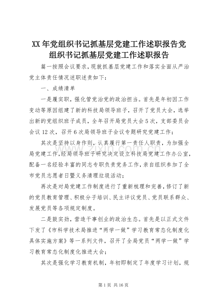 XX年党组织书记抓基层党建工作述职报告党组织书记抓基层党建工作述职报告.docx_第1页