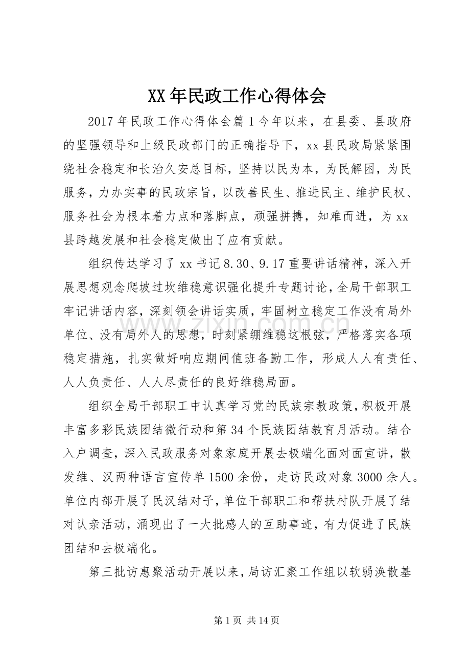 XX年民政工作心得体会.docx_第1页