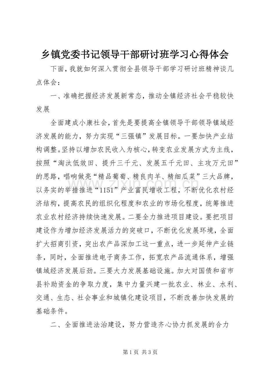 乡镇党委书记领导干部研讨班学习心得体会.docx_第1页