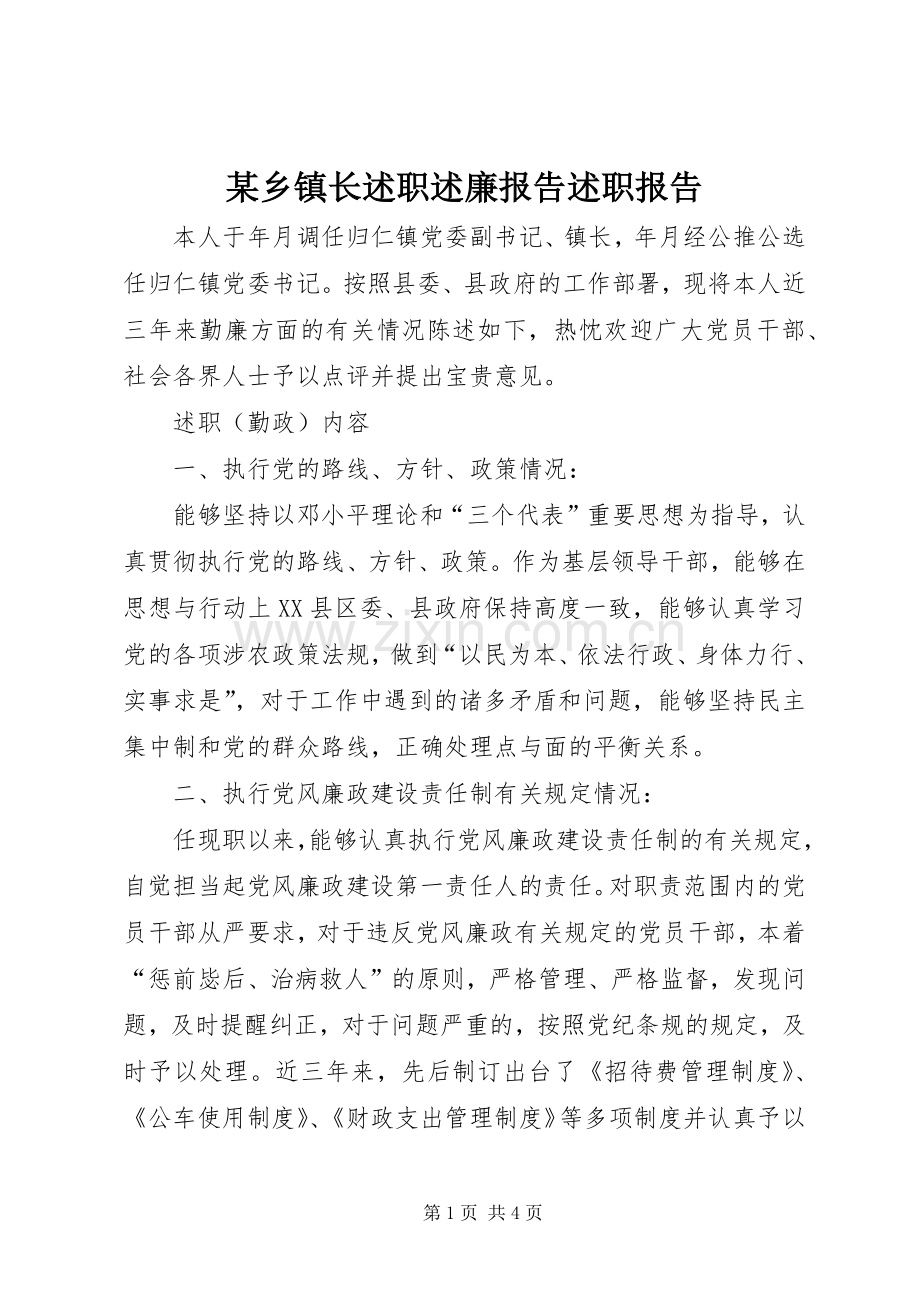 某乡镇长述职述廉报告述职报告.docx_第1页