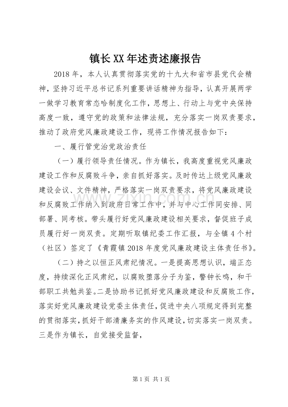 镇长XX年述责述廉报告.docx_第1页