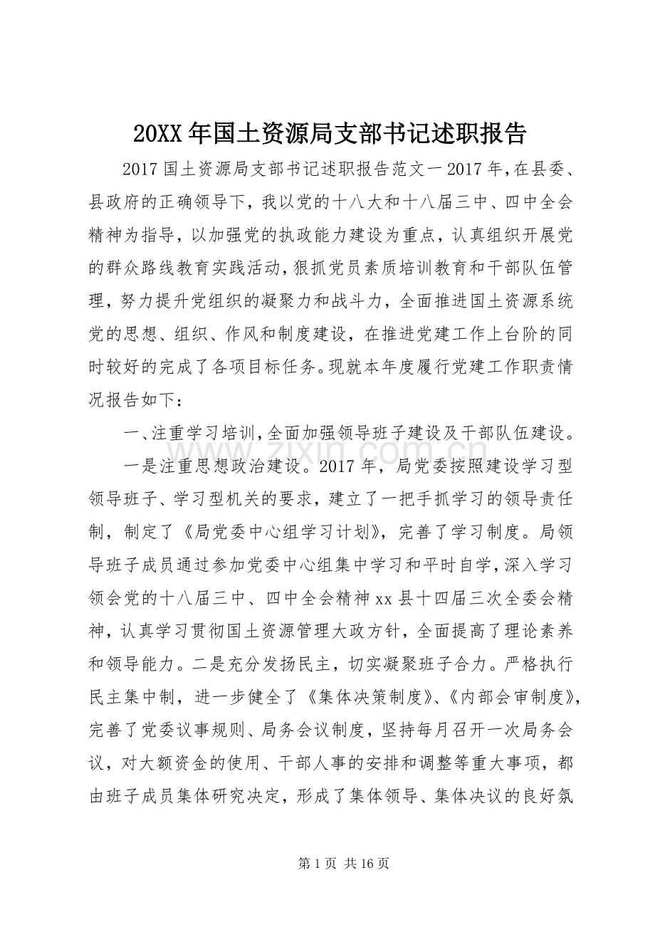 20XX年国土资源局支部书记述职报告.docx_第1页