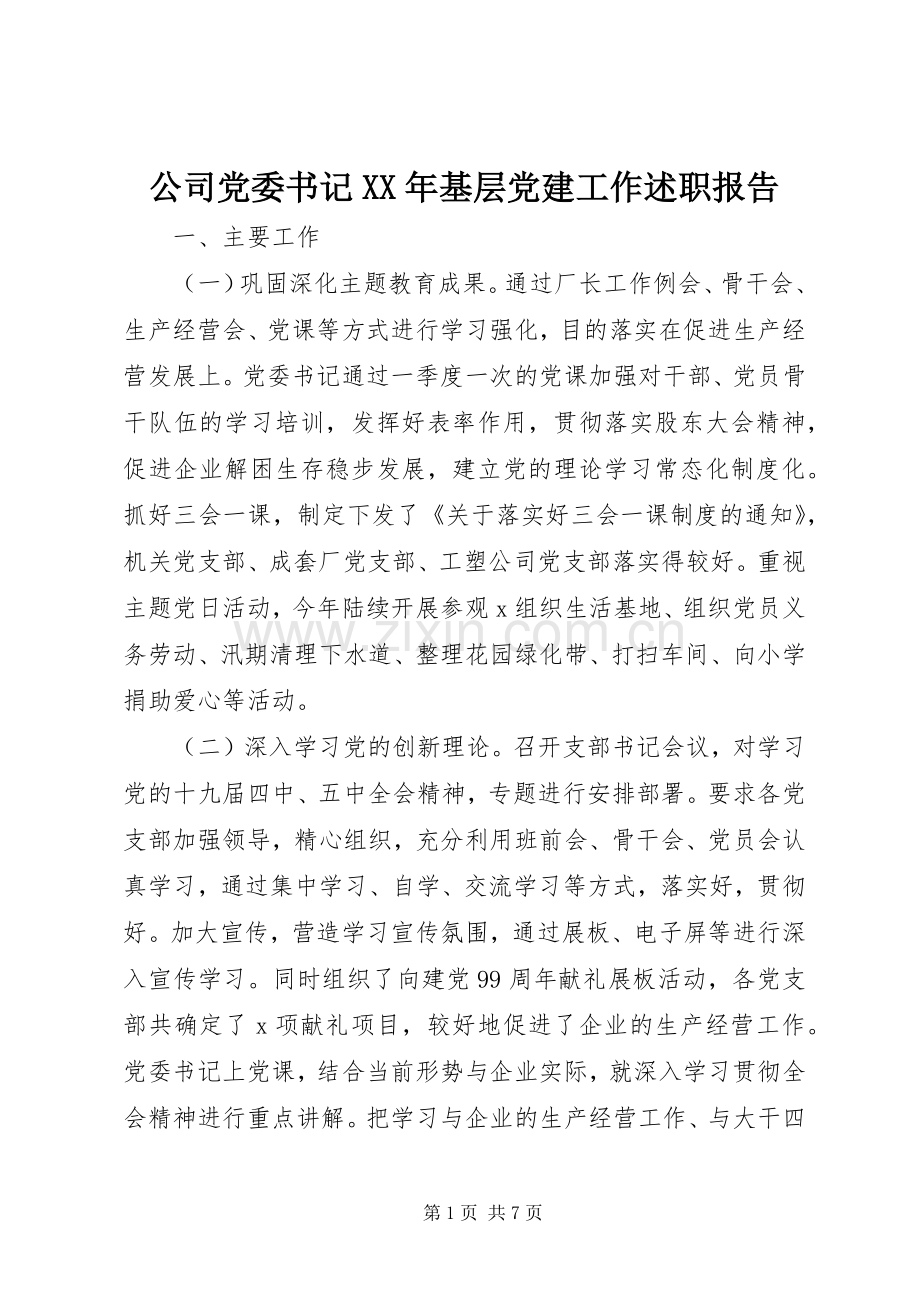 公司党委书记XX年基层党建工作述职报告.docx_第1页