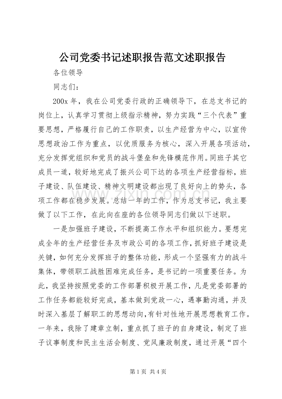 公司党委书记述职报告范文述职报告.docx_第1页