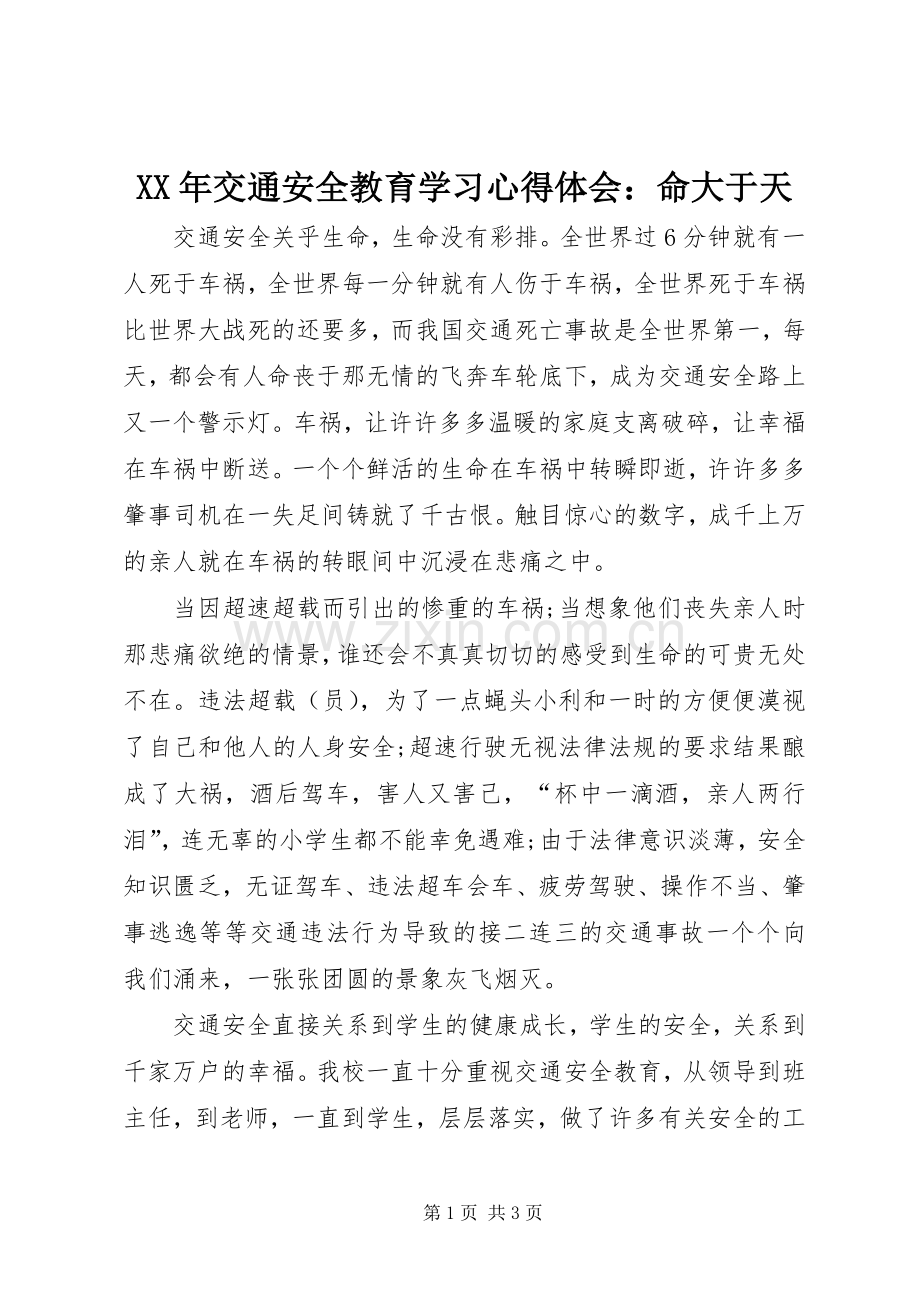 XX年交通安全教育学习心得体会：命大于天.docx_第1页