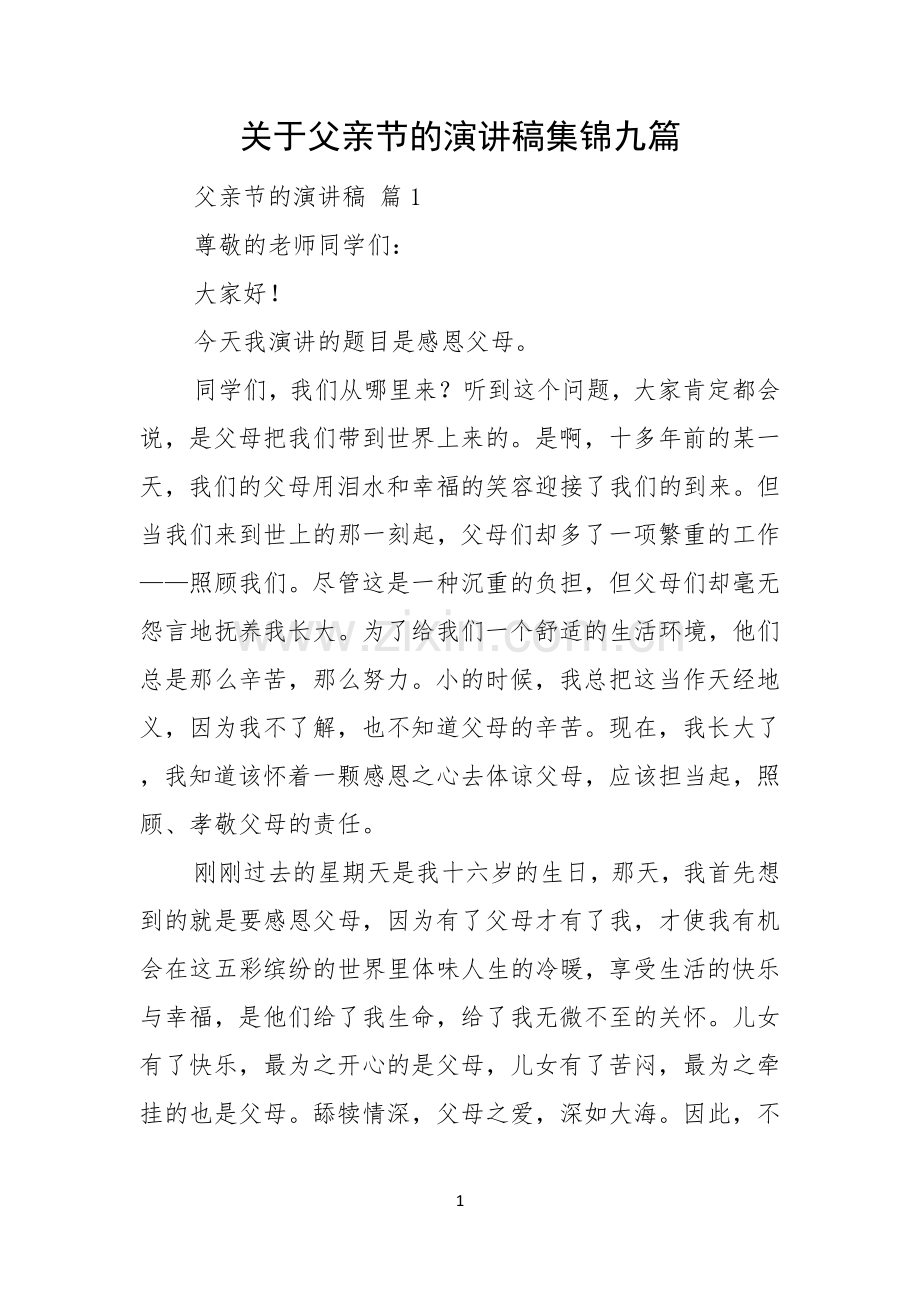 关于父亲节的演讲稿集锦九篇.docx_第1页