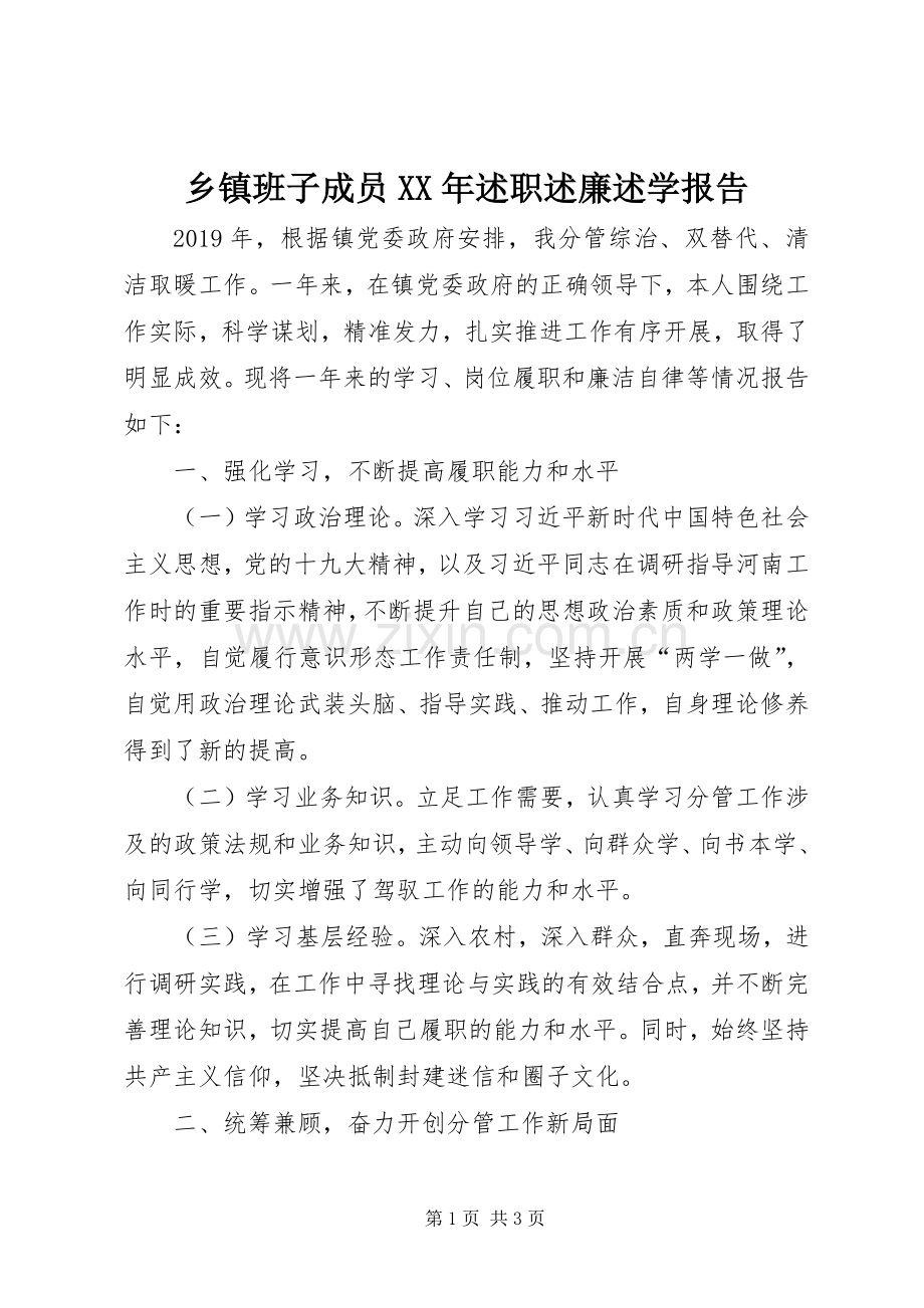 乡镇班子成员XX年述职述廉述学报告.docx_第1页