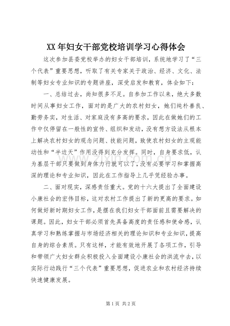 XX年妇女干部党校培训学习心得体会.docx_第1页