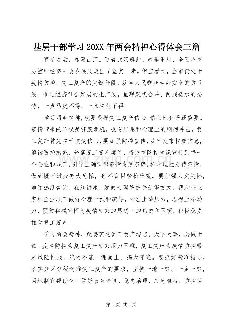 基层干部学习20XX年两会精神心得体会三篇.docx_第1页