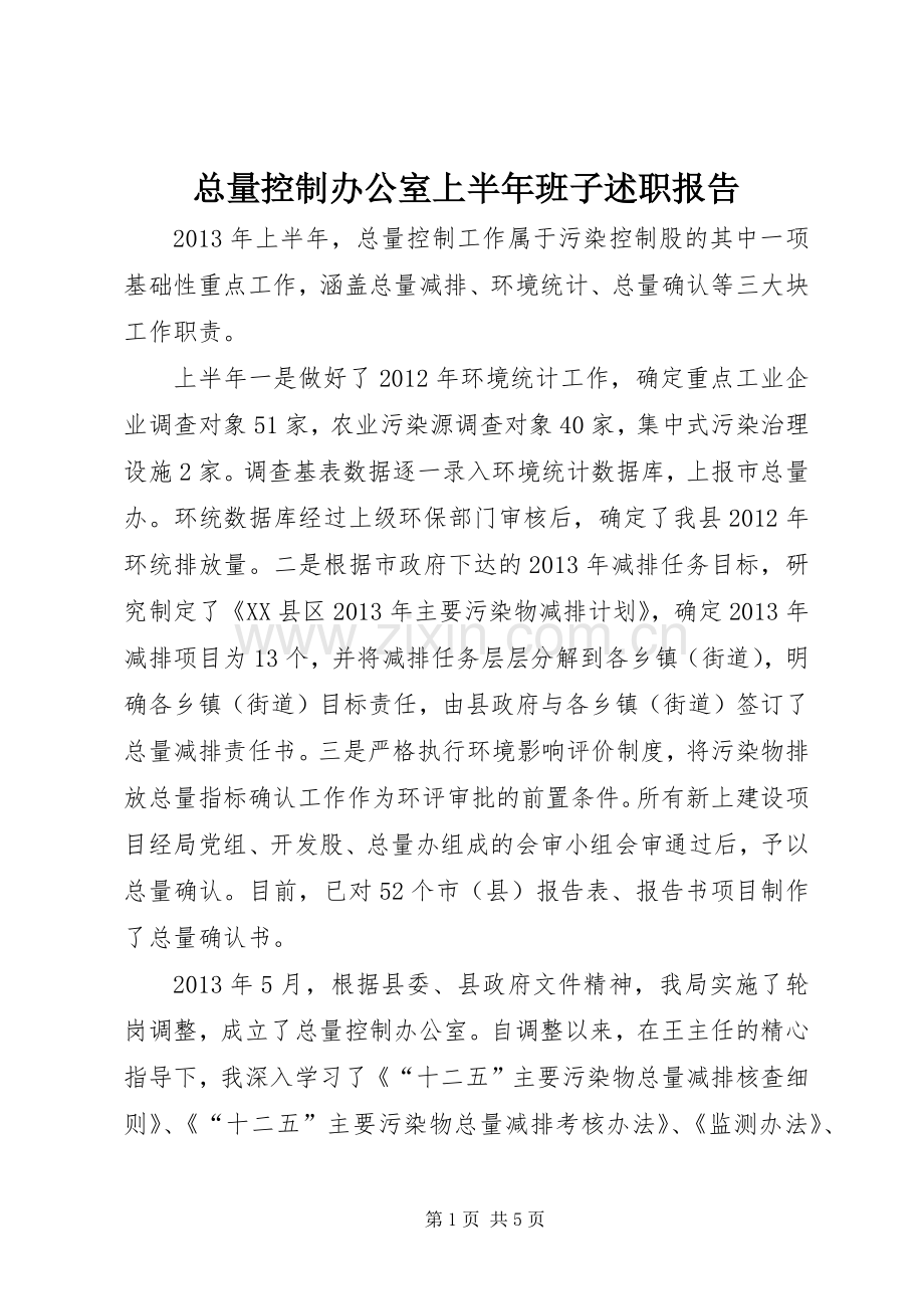 总量控制办公室上半年班子述职报告.docx_第1页