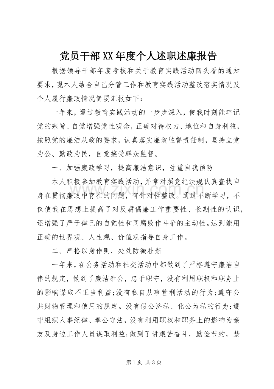 党员干部XX年度个人述职述廉报告.docx_第1页