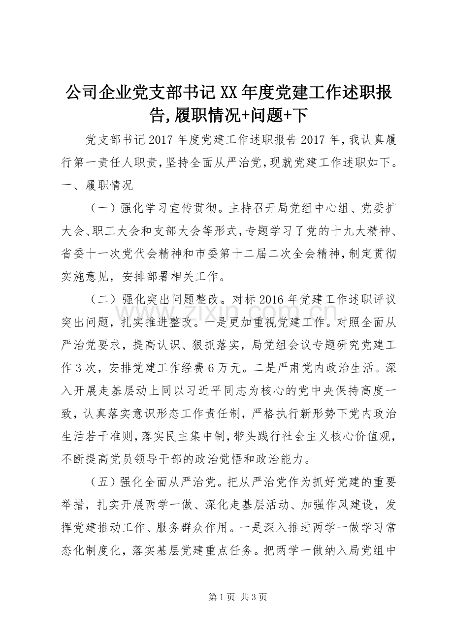 公司企业党支部书记XX年度党建工作述职报告,履职情况+问题+下.docx_第1页