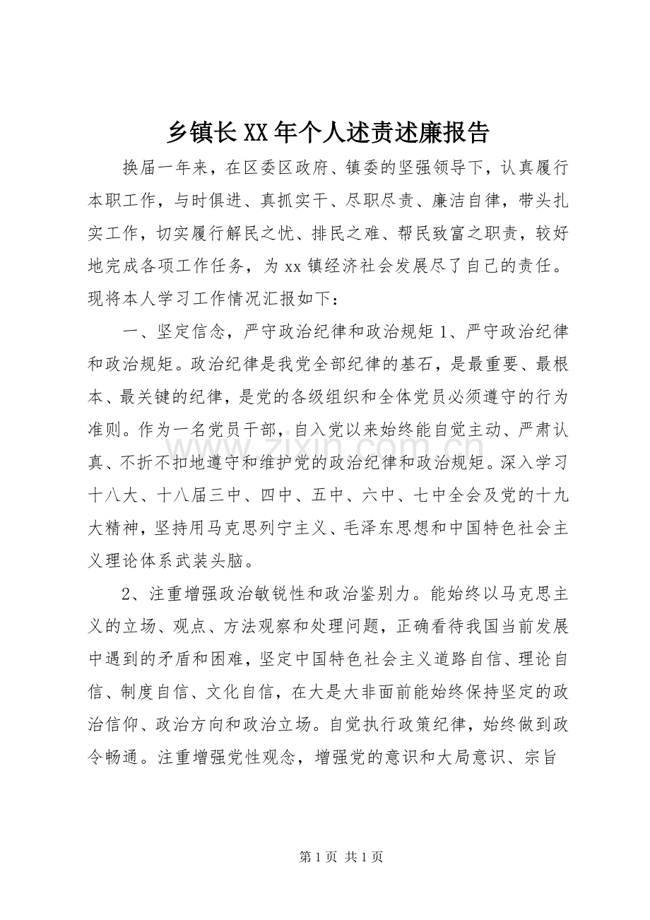 乡镇长XX年个人述责述廉报告.docx_第1页