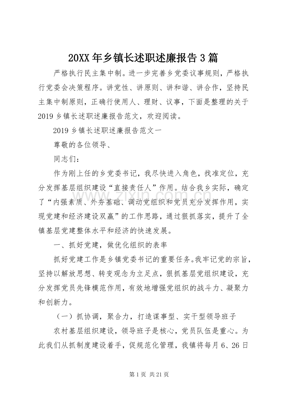 20XX年乡镇长述职述廉报告3篇.docx_第1页