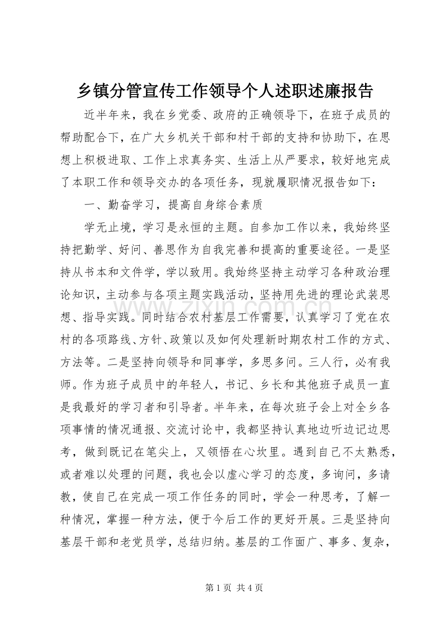 乡镇分管宣传工作领导个人述职述廉报告.docx_第1页