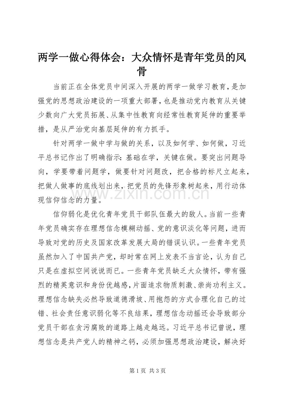 两学一做心得体会：大众情怀是青年党员的风骨.docx_第1页